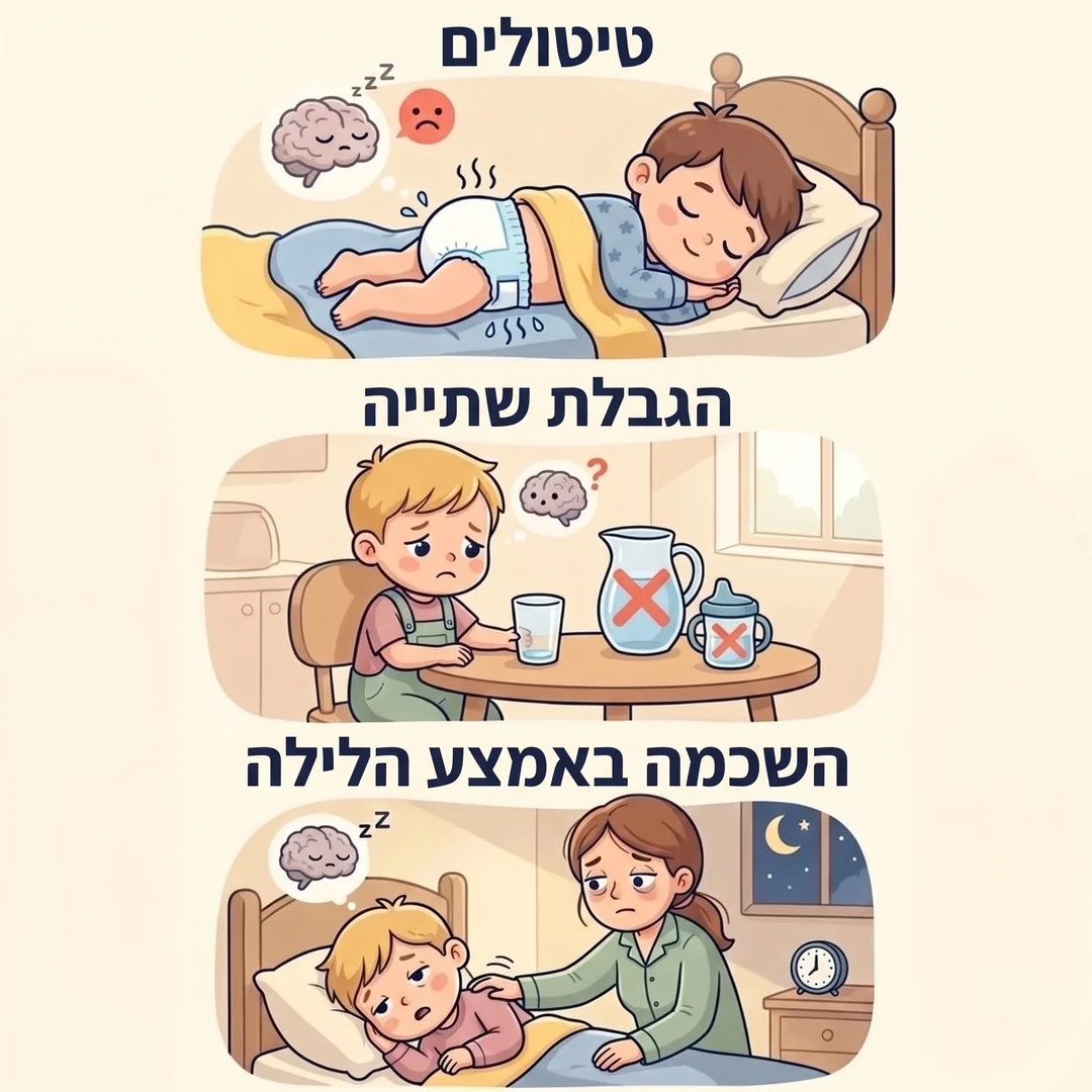 איור בשלושה חלקים: למה טיטולים, הגבלת שתייה והשכמה באמצע הלילה לא פותרים את הרטבת הלילה